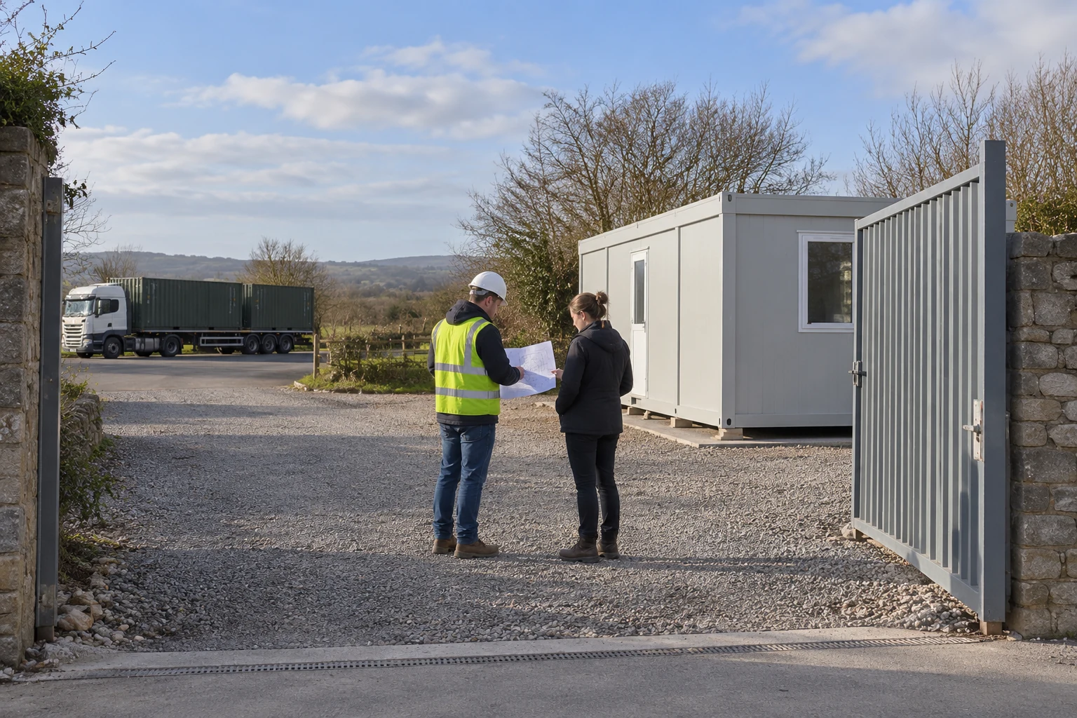 An empty entrance and the proposed vehicle are reviewed before entry is agreed.