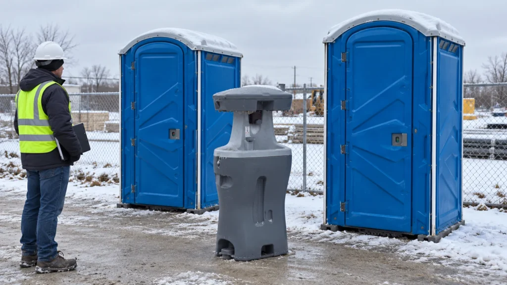 A coordinator reviews toilets and a separate wash station in a winter yard.