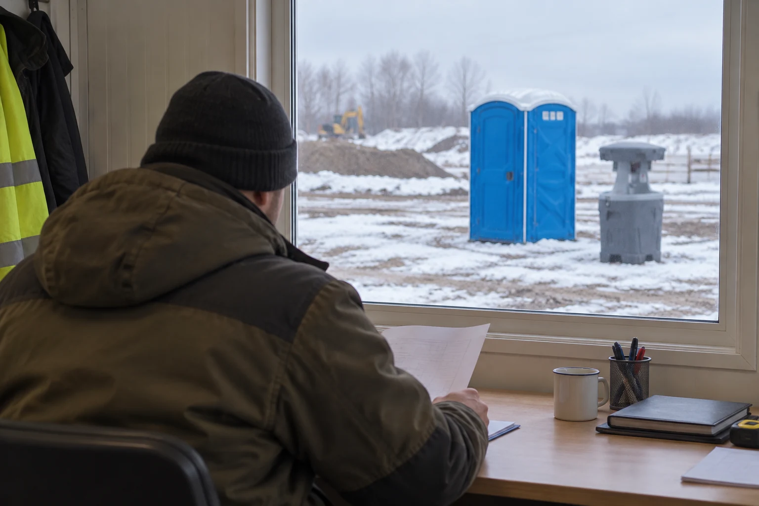 A site coordinator reviews weather information beside a window.