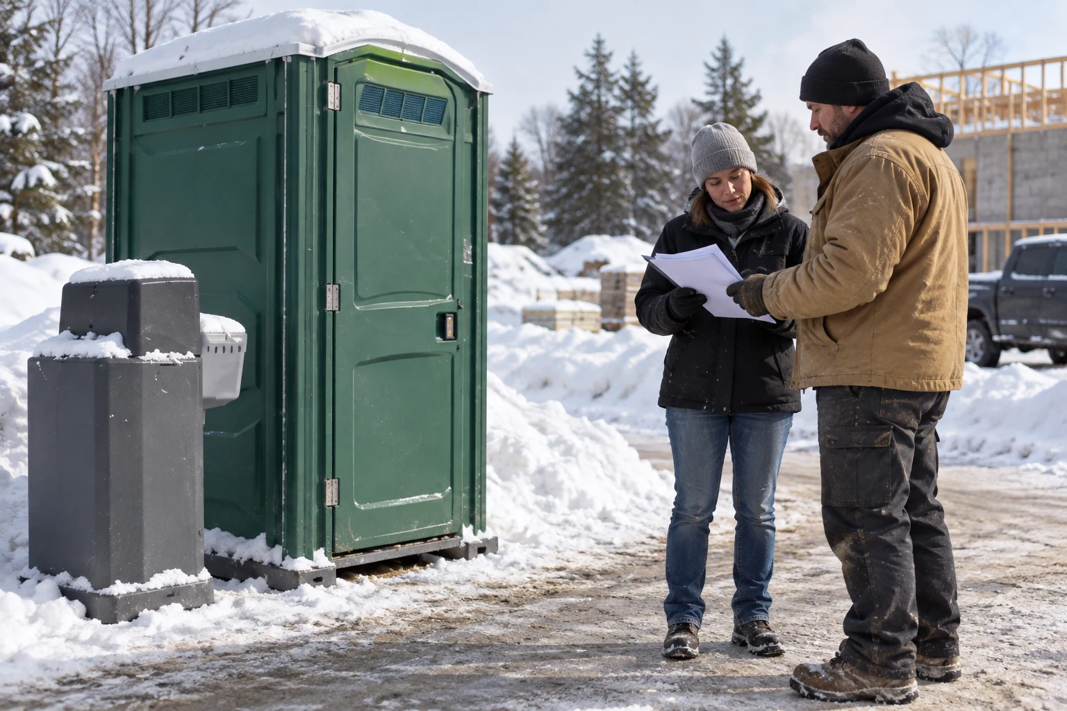 Staff discuss the intended operating state beside a closed portable toilet.