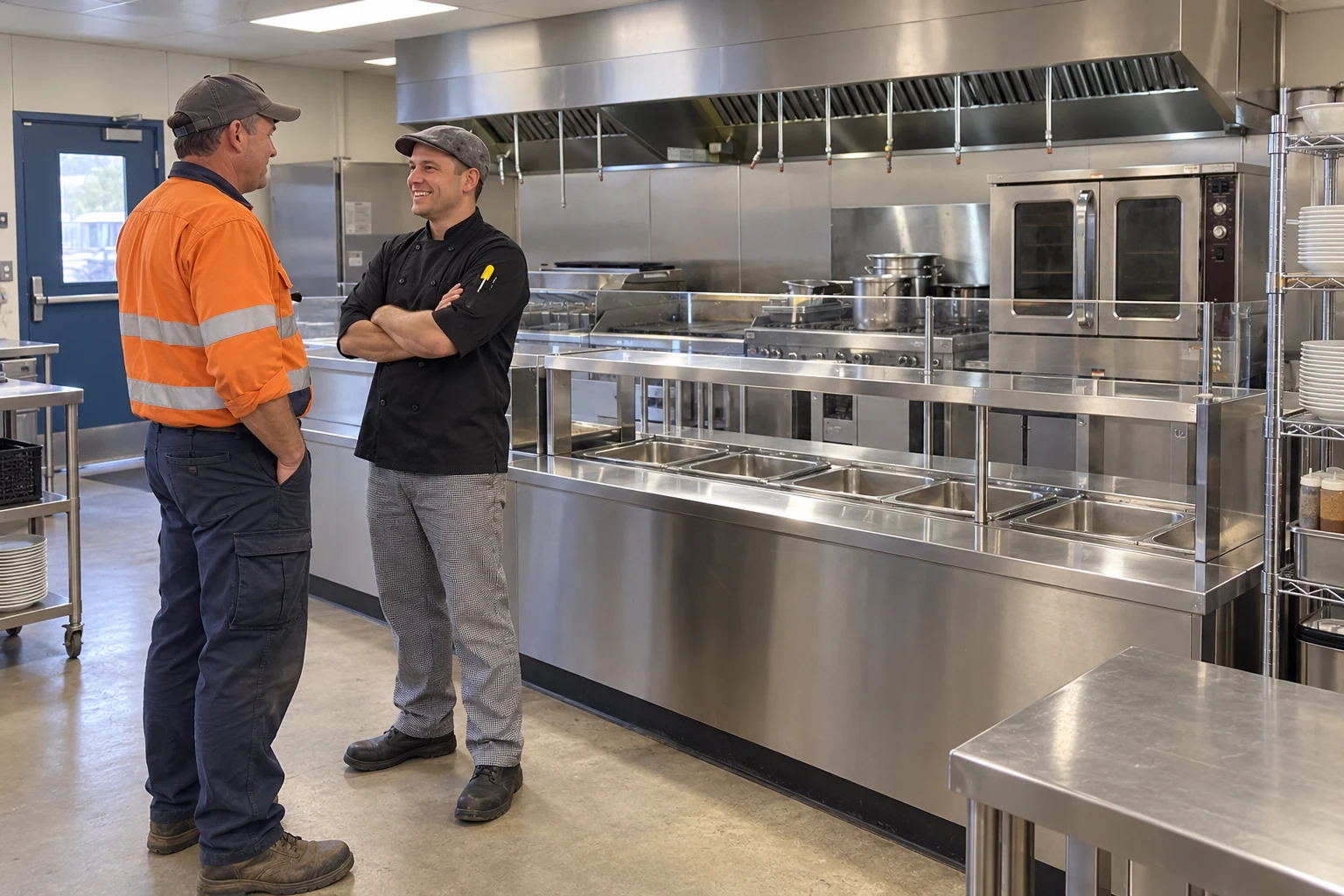 Catering and facilities staff discussing service scope