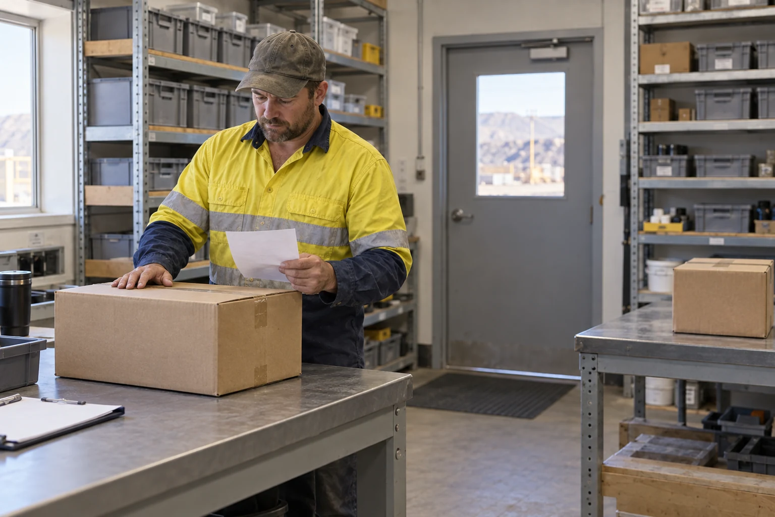 Receiver comparing a delivered package with documents