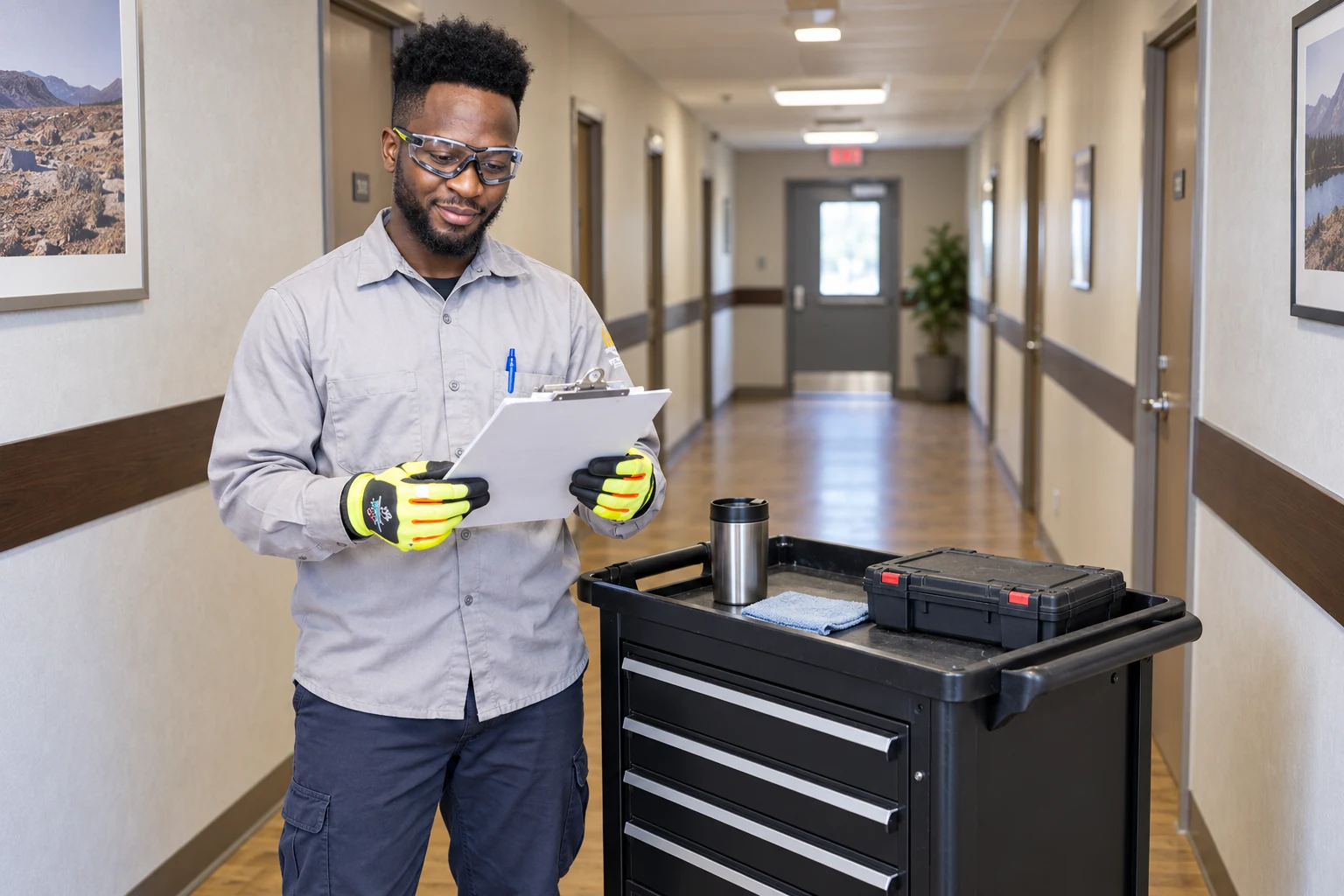Coordinator reviewing a stationary service cart