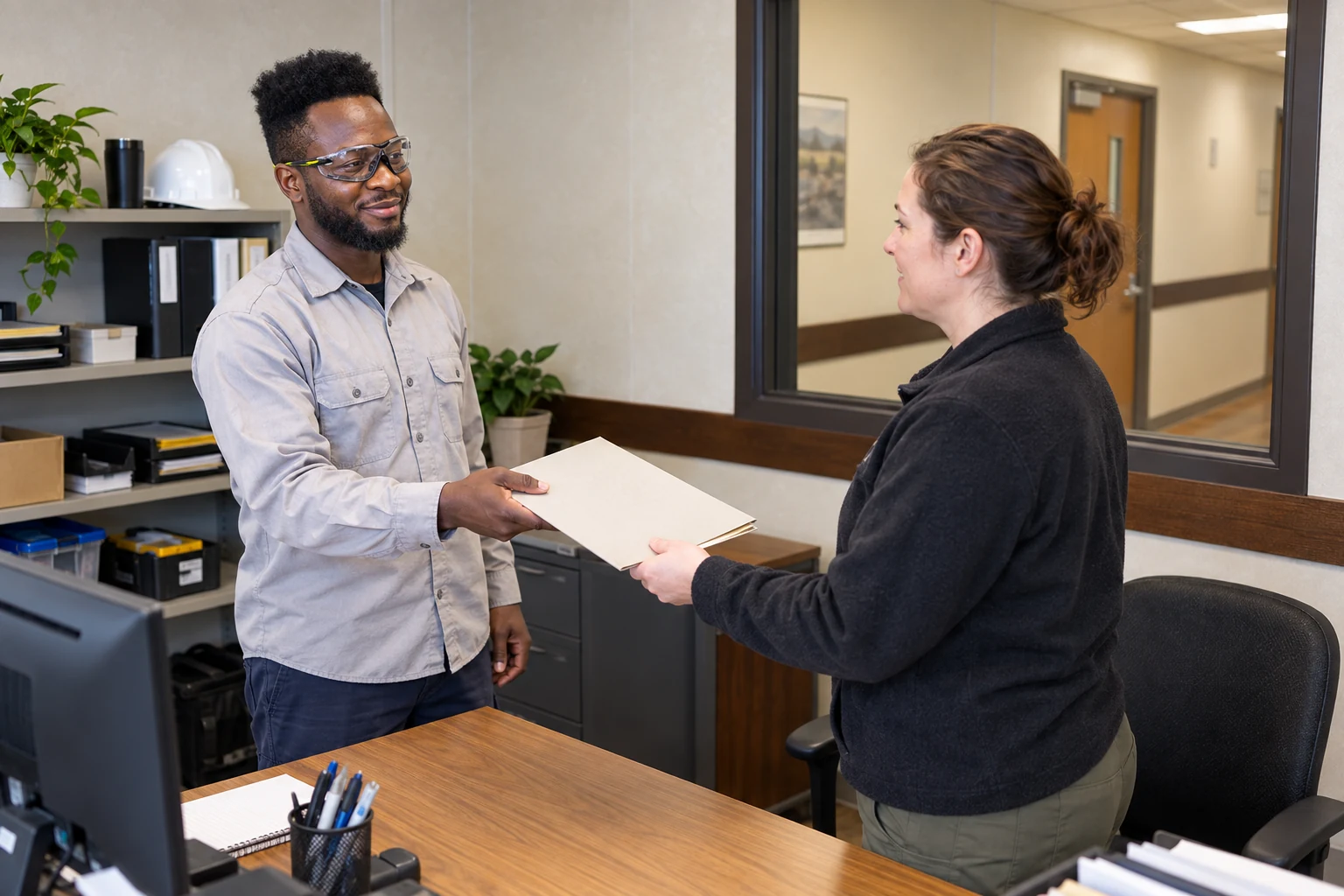 Facilities staff handing over a work folder
