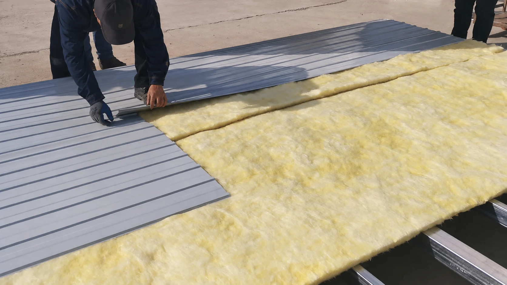 Gros plan sur un ouvrier positionnant une tôle ondulée sur l'isolant de sol apparent. Référence de fabrication.