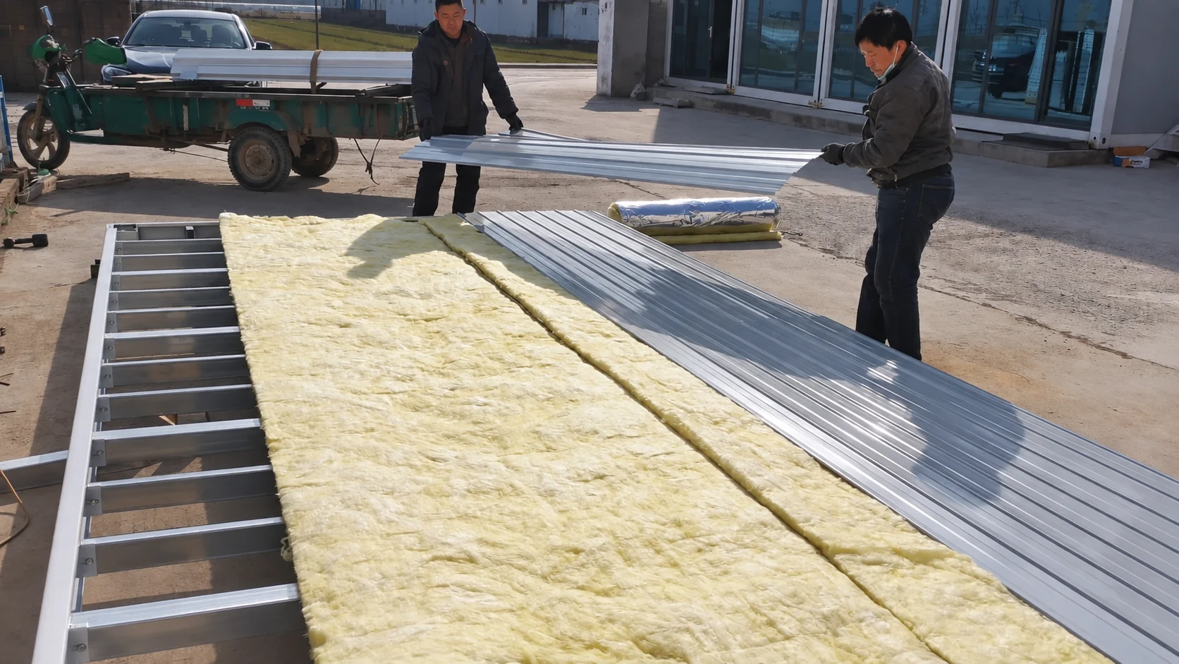 Des ouvriers positionnent des tôles ondulées sur un isolant posé sur la structure métallique d'un plancher de salle dans une cour d'usine. Référence de fabrication.