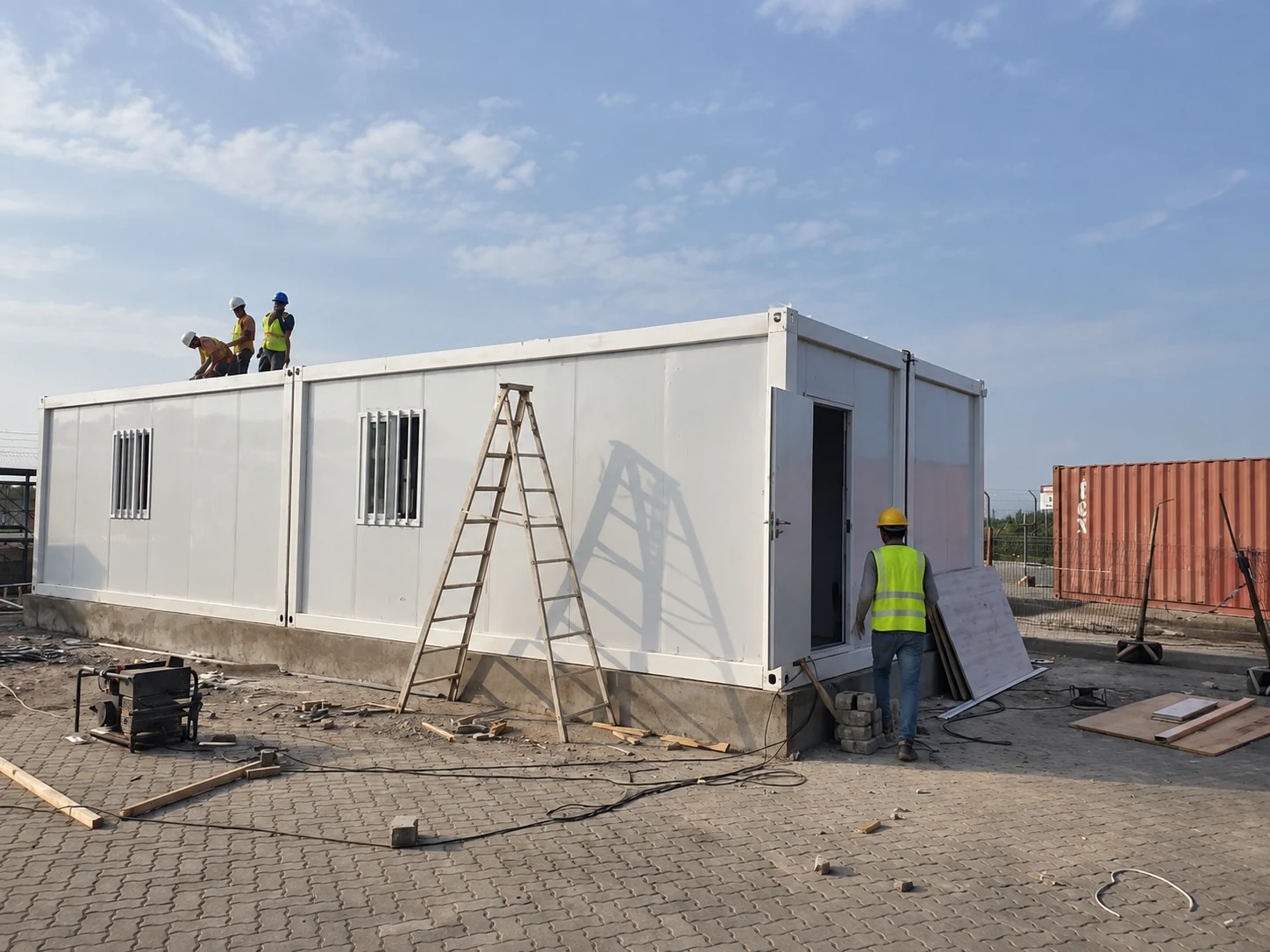 Workers beside and above a white modular building during exterior installation; construction reference.