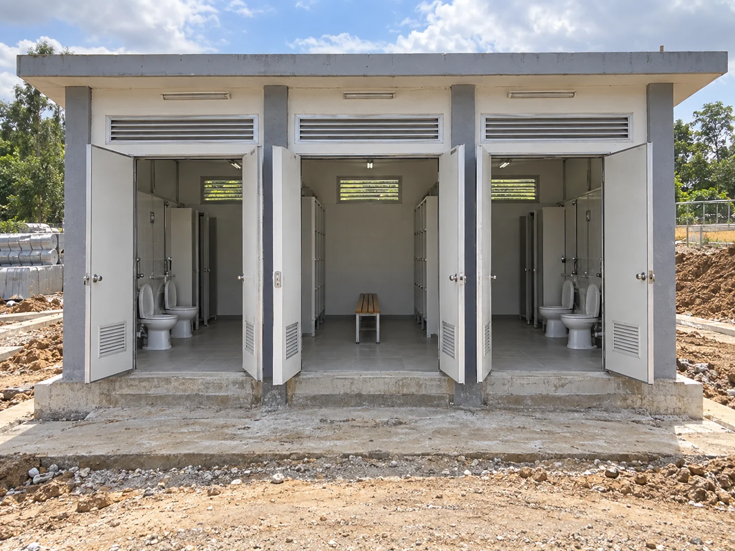 Referenz-Waschraumgebäude mit offenen Kabineneingängen, Toiletten und Urinalen.