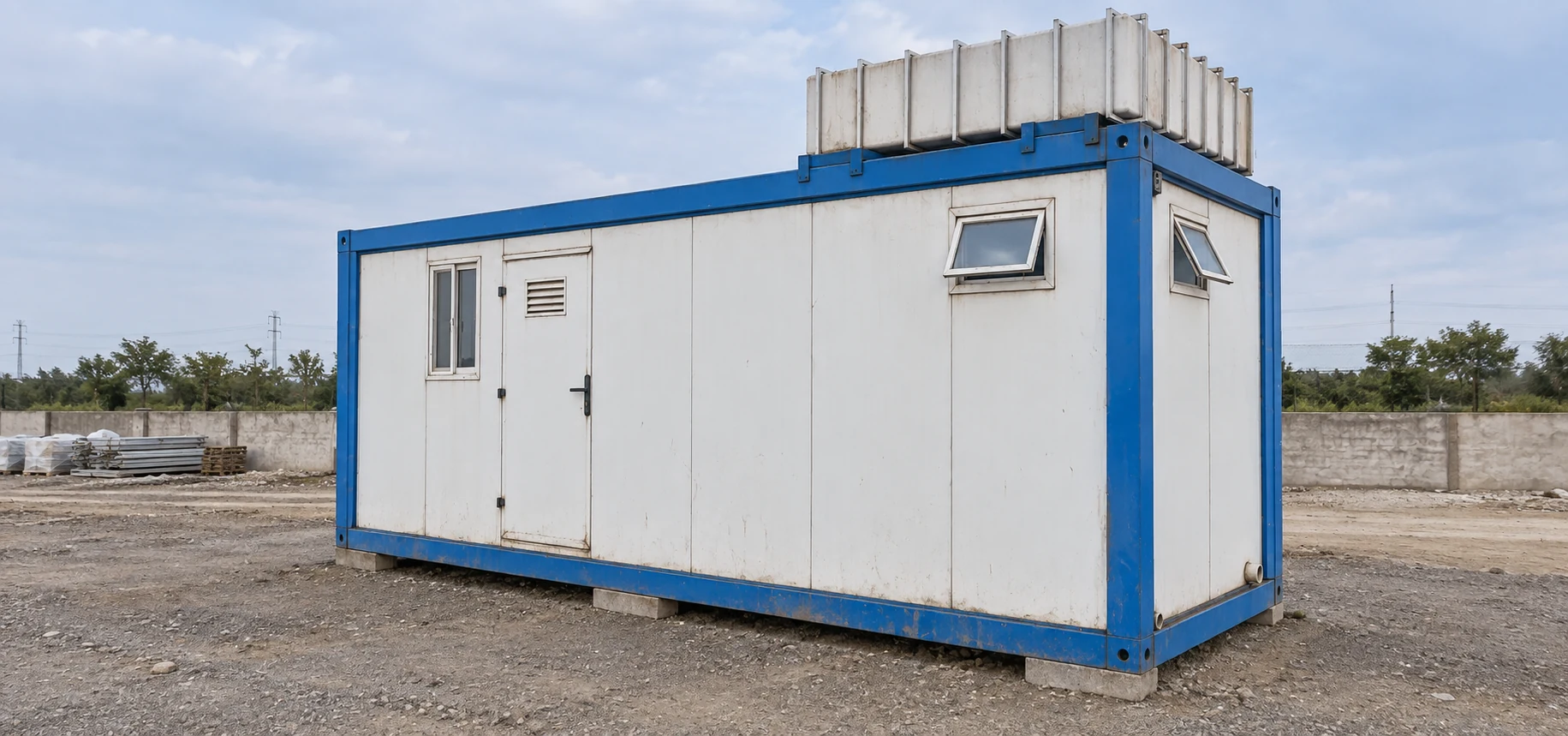 Blue-framed portable sanitation module with white doors, small windows and a roof-mounted tank; visual reference.
