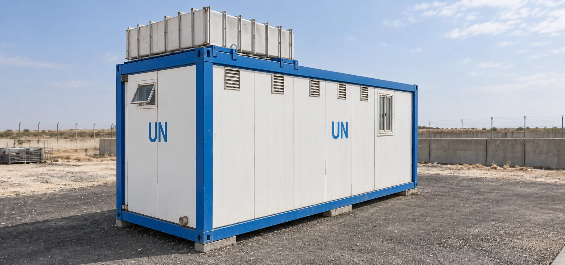 Side view of a blue-framed sanitation module with a roof tank and existing UN lettering; visual reference.