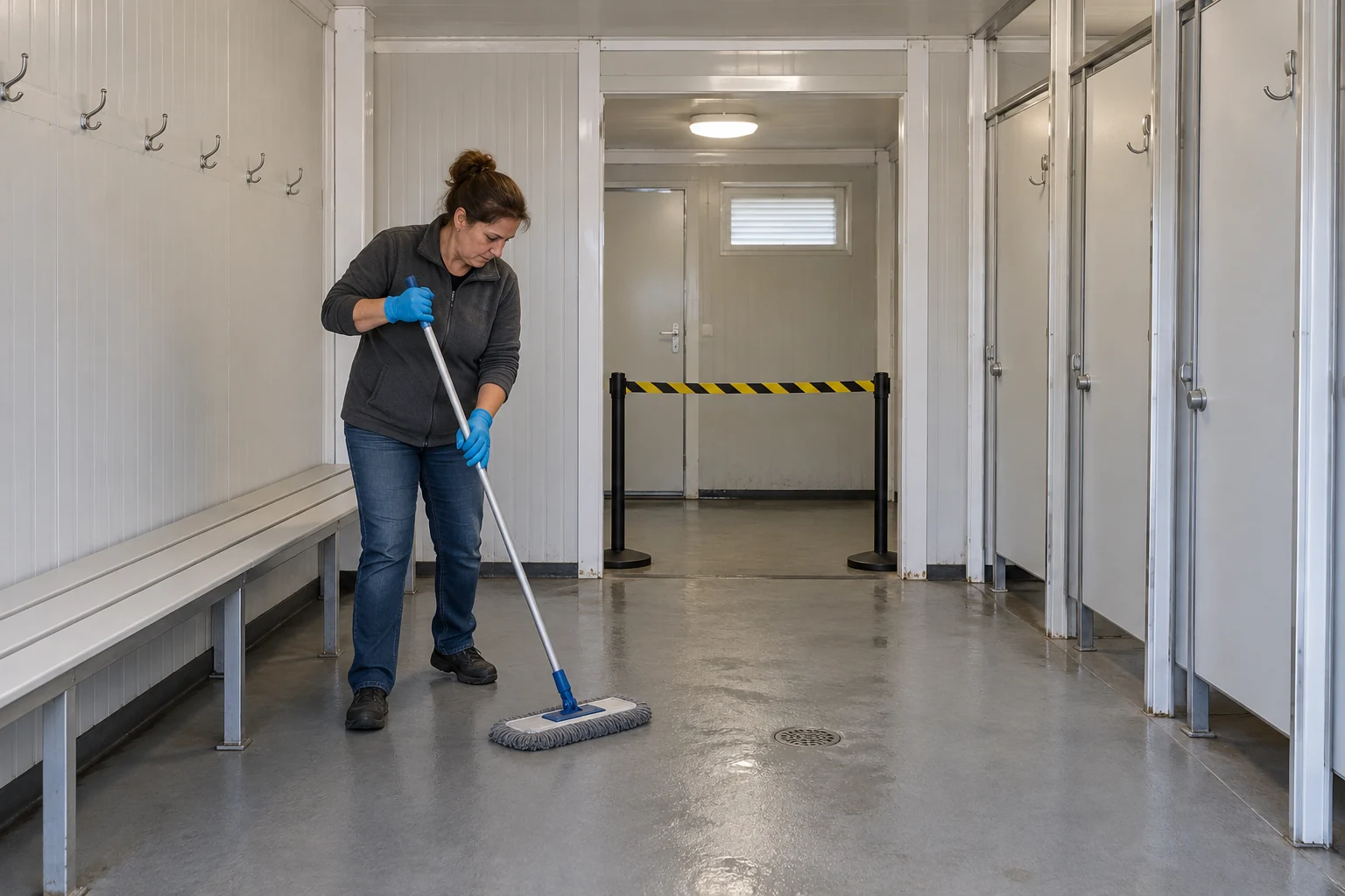 Eine Reinigungskraft arbeitet in einem leeren Umkleidebereich mit Reinigungsabsperrung an der Tür.