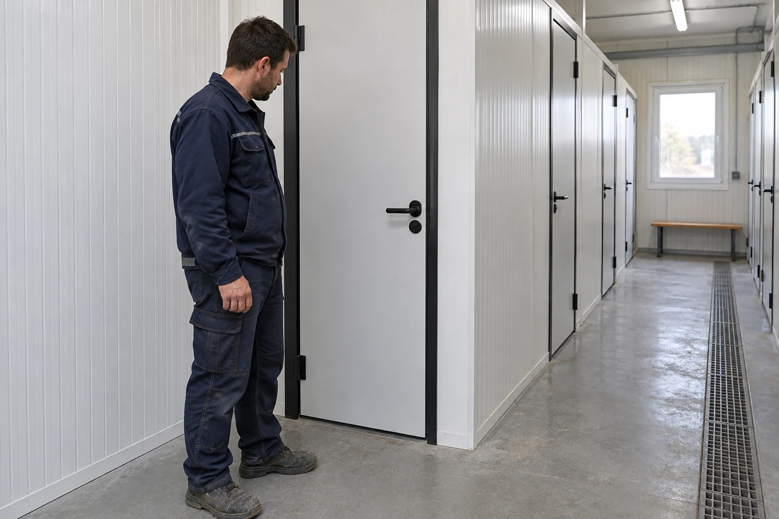 Eine bekleidete Betreuungsperson prüft vom gemeinsamen Gang aus eine einfache Tür eines privaten Abteils.