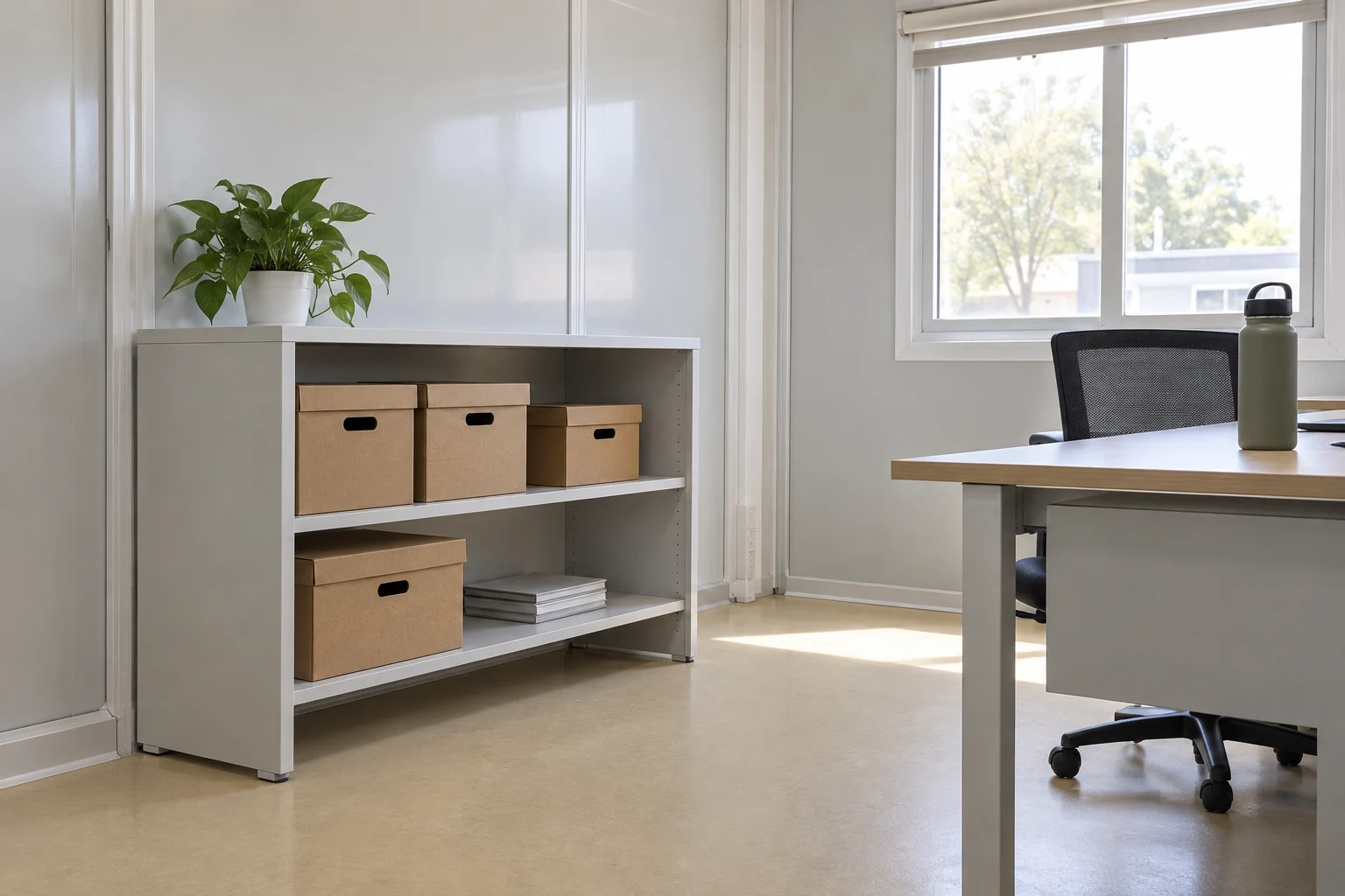 Geschlossene Papieraufbewahrungsboxen auf einem niedrigen Regal in einem Büro