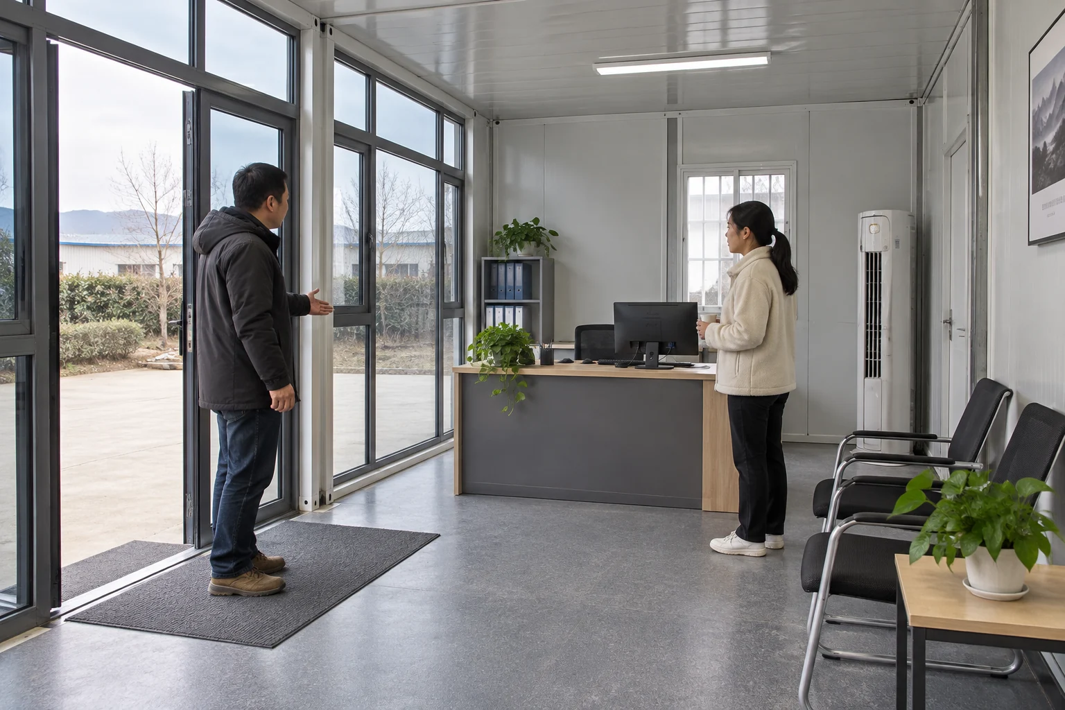 Projektkoordinatoren besprechen möblierten Eingang, Tresen und Warteanordnung