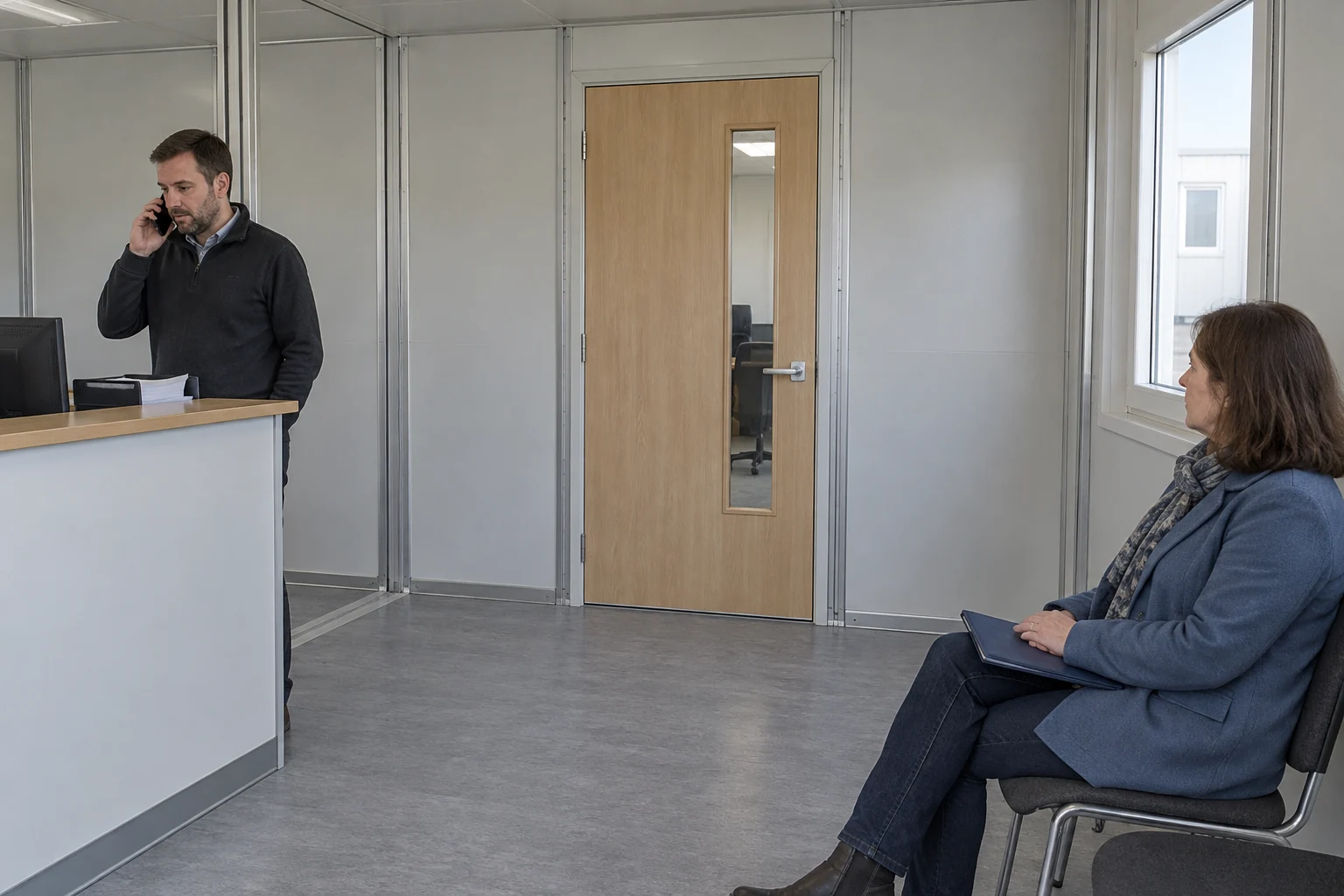 Besucher bleibt im Empfangswartebereich, während das Personal den Gastgeberkontakt klärt