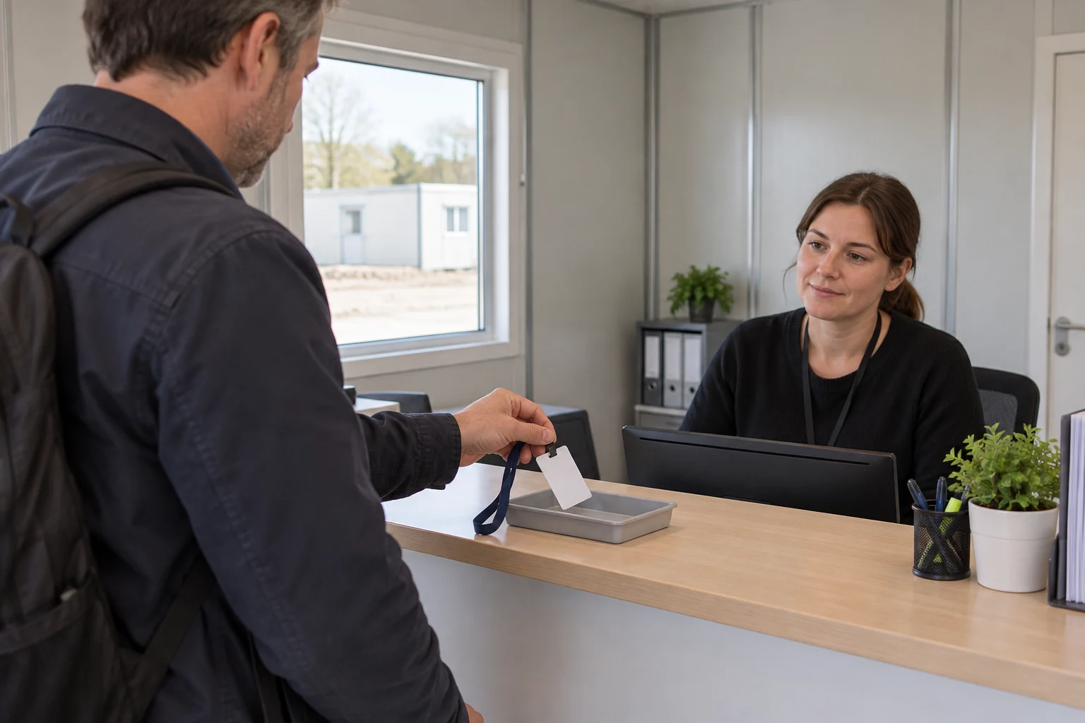 Besucher gibt am Besuchsende einen schlichten Ausweis am Empfangstresen zurück
