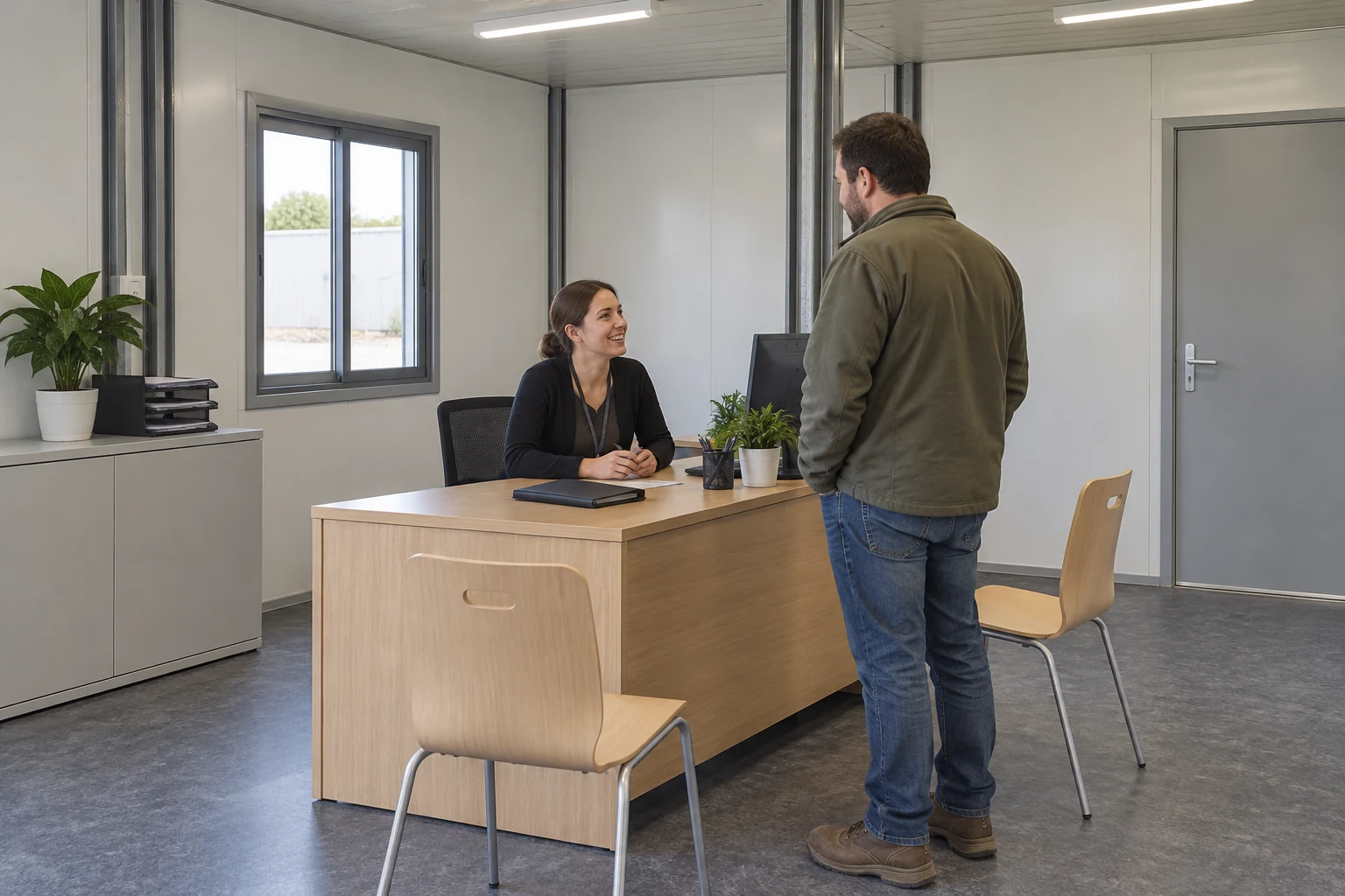 Empfangspersonal bespricht den Zweck eines Besuchertermins an einem Modulbüroschreibtisch