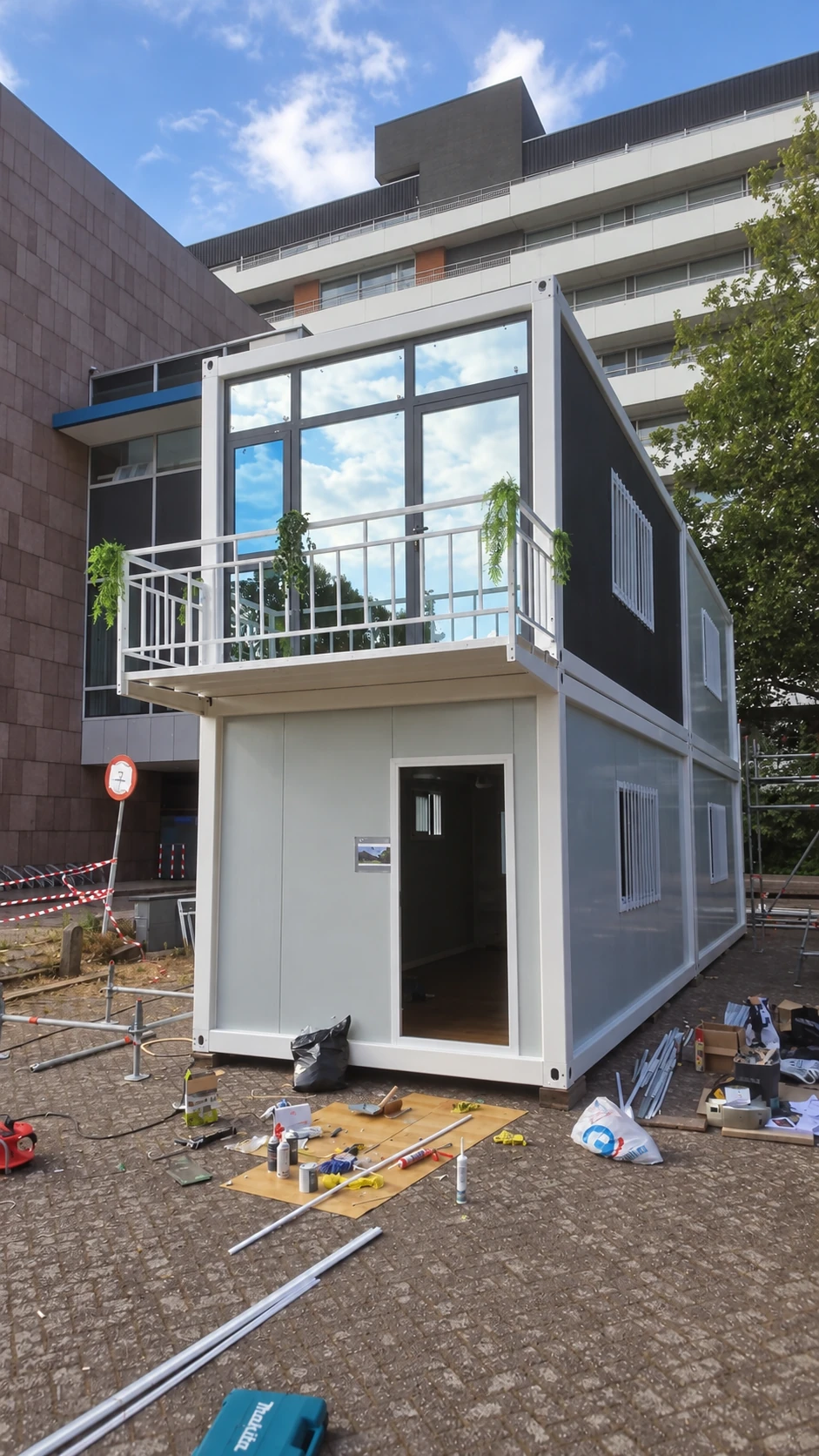 Two-storey module with upper glass frontage, white balcony railing and an open ground-floor doorway above a work area with tools. Installation reference.