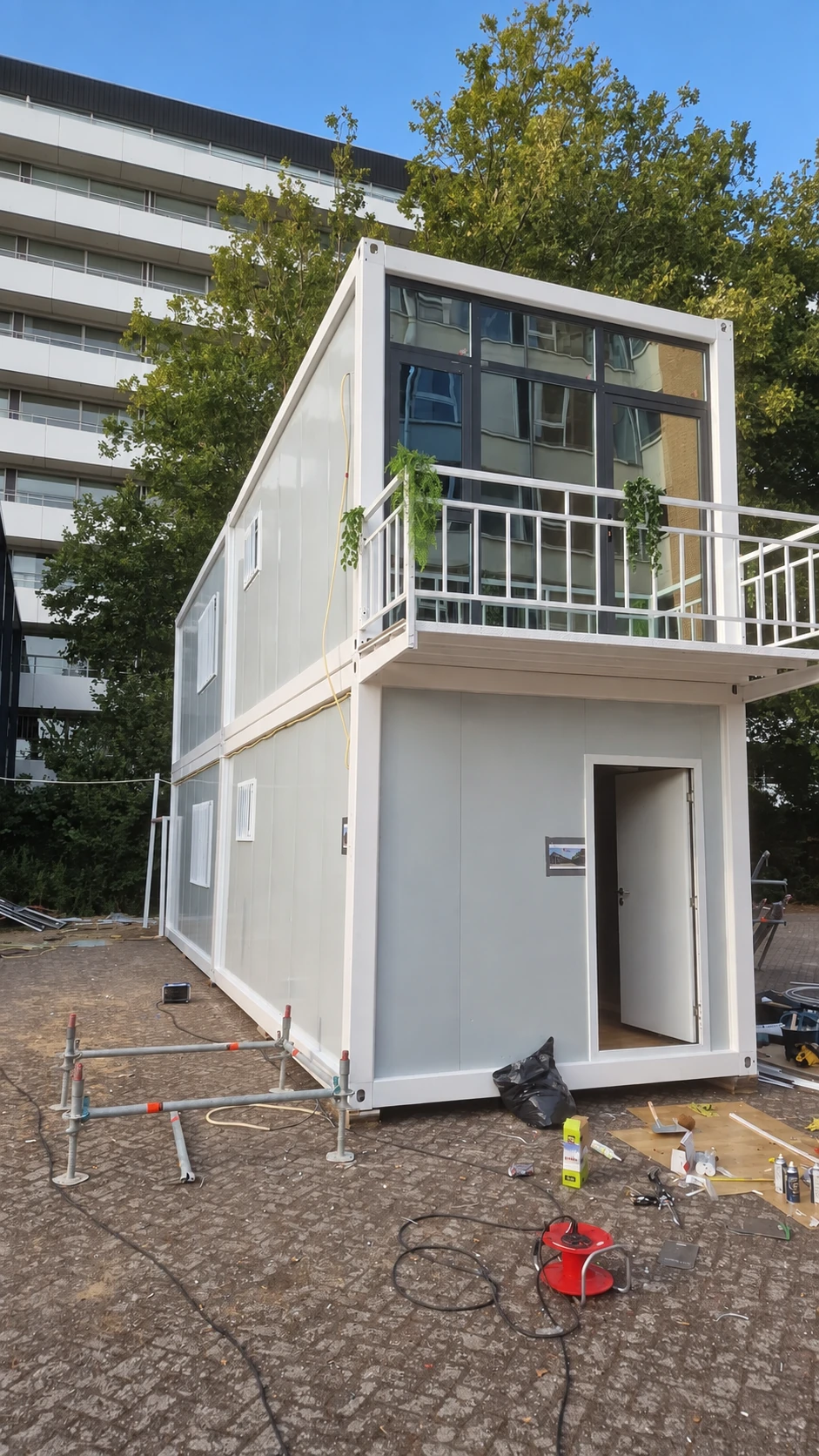 White two-storey module with side windows, an upper glazed front and balcony railing beside mature trees. Installation reference.