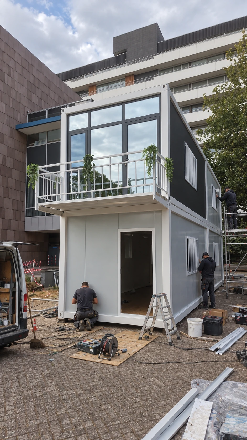 Workers fitting a compact two-storey module beside an existing building, with upper glazing and a white balcony railing. Installation reference.