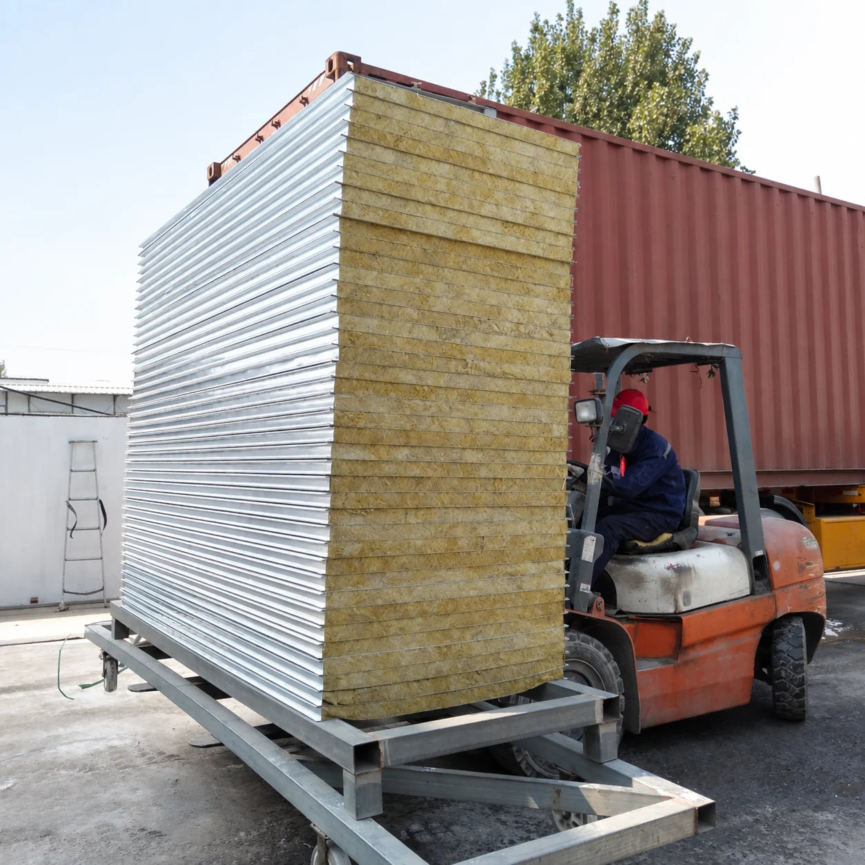Pile de panneaux à parement métallique et âme isolante jaune apparente, à côté d'un chariot élévateur dans une cour d'usine. Échantillon de matériau de référence.