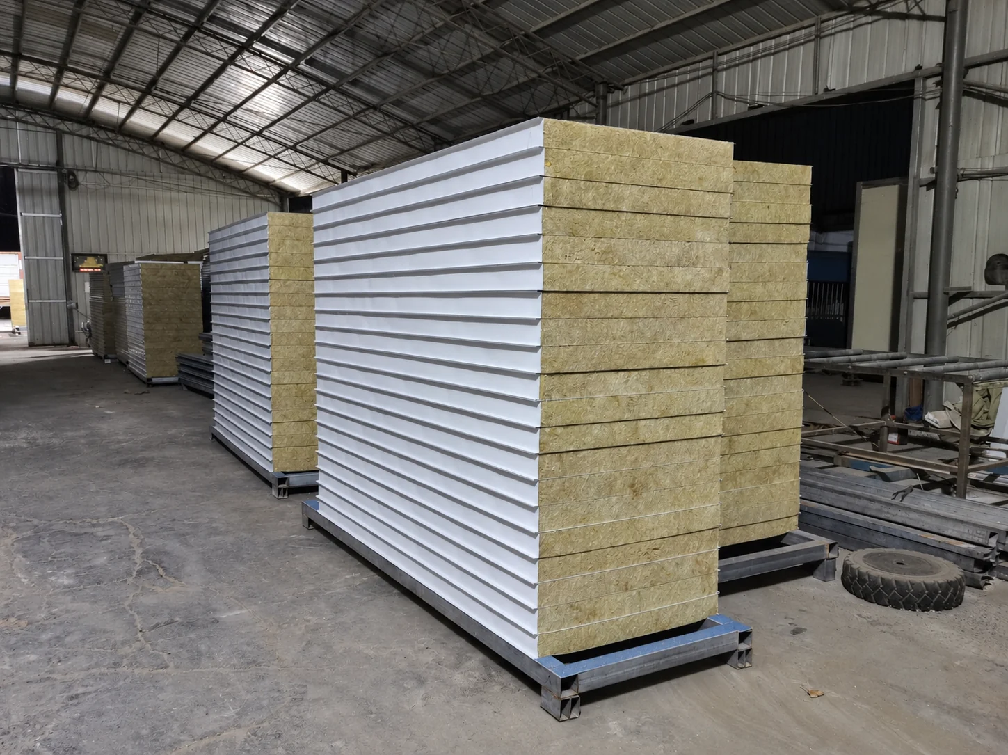 Plusieurs piles de panneaux à parement métallique et bords d'isolation jaune apparents, à l'intérieur d'un atelier de production. Échantillon de matériau de référence.