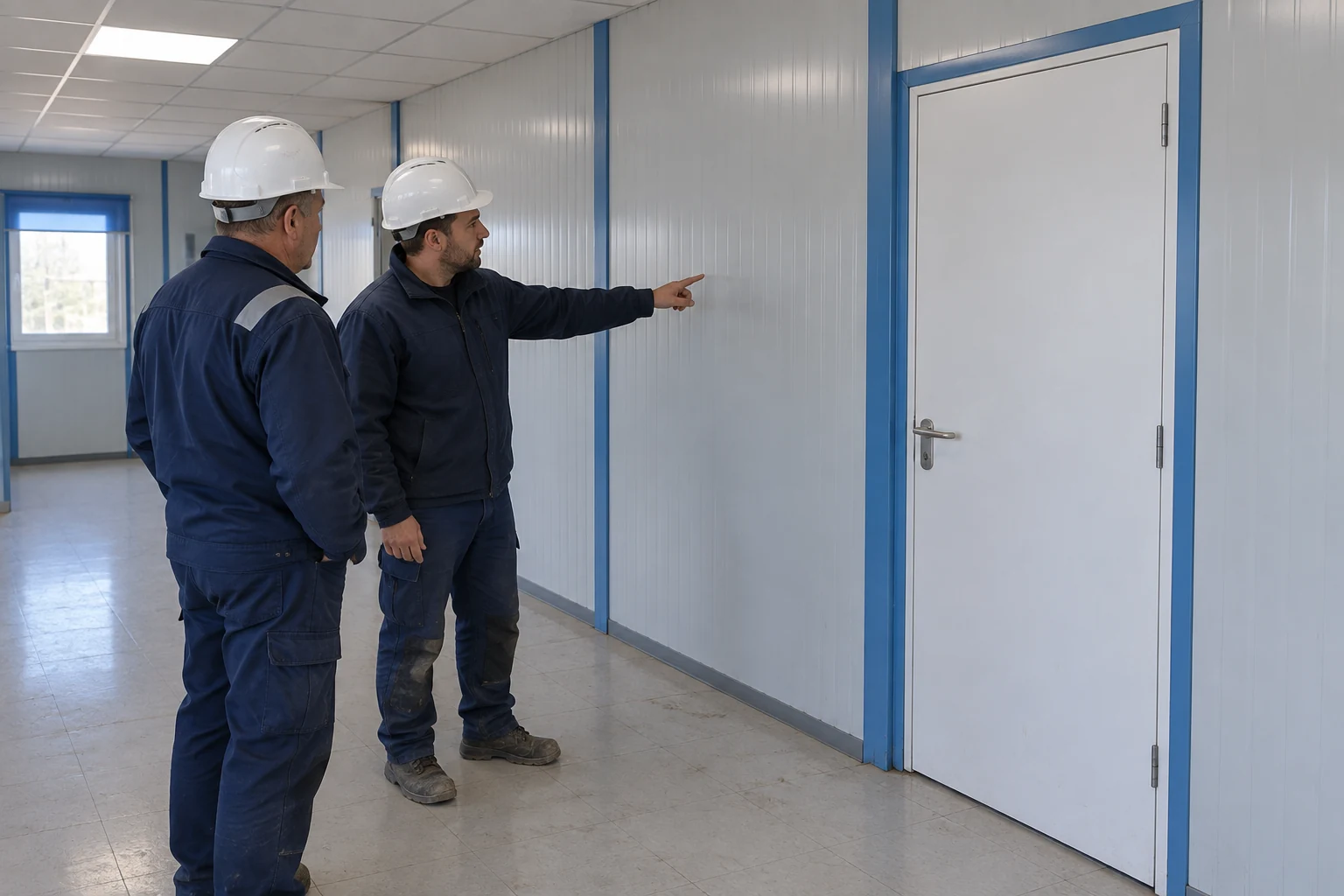 Beispiel einer Vorbesprechung vor dem Umbau neben einer intakten, geschlossenen Tür und einer Paneelwand in einem vorgefertigten Baustellenbüro