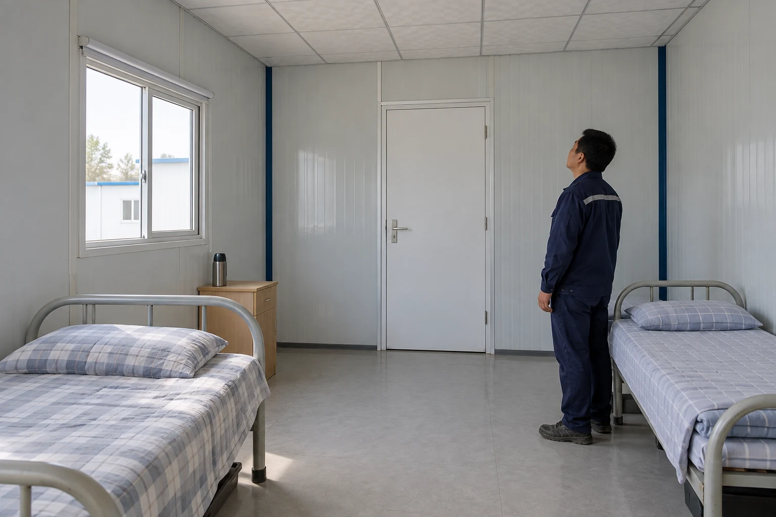 Beispielhafte Darstellung einer sichtbaren Wand-Decken-Verbindung und einer geschlossenen Tür in einem einfachen Arbeiterschlafraum