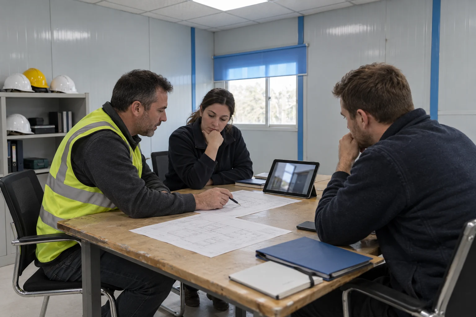 Illustrative Besprechung mit allgemeinen Grundrissunterlagen und unscharfem Standortfoto in einem vorgefertigten Baustellenbüro