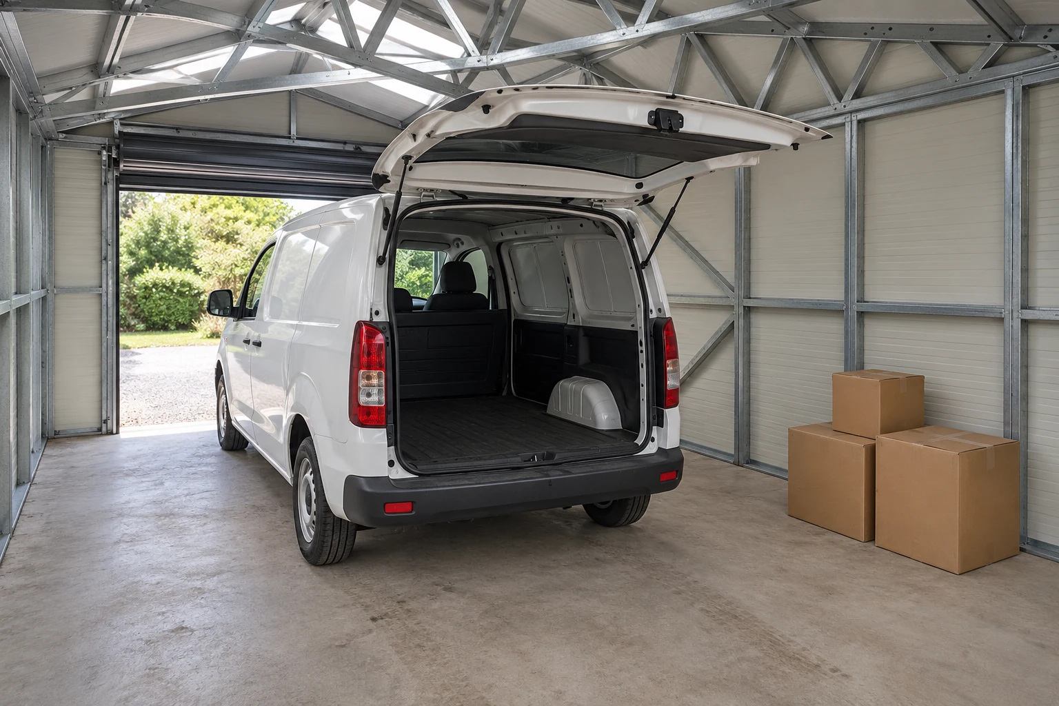 Hochgeklappte Heckklappe eines weißen Lieferwagens mit Ladefläche in einer Stahlgarage.