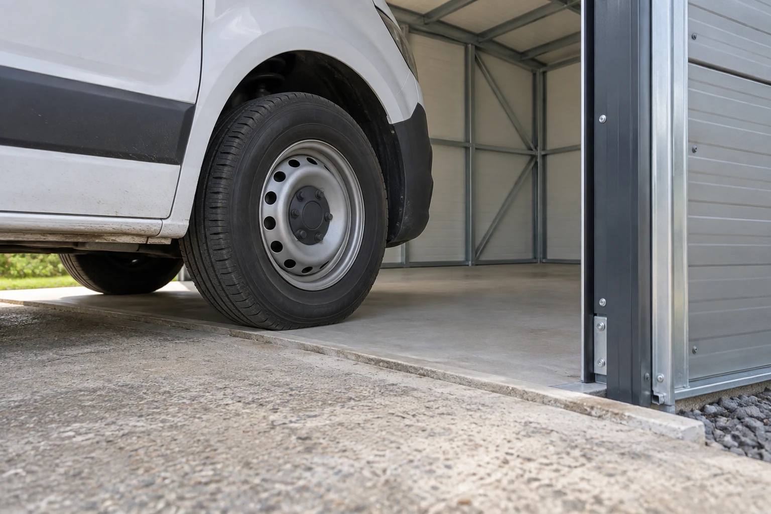 Ein Transporterrad neben dem Übergang zwischen Vorplatz und Garagenboden