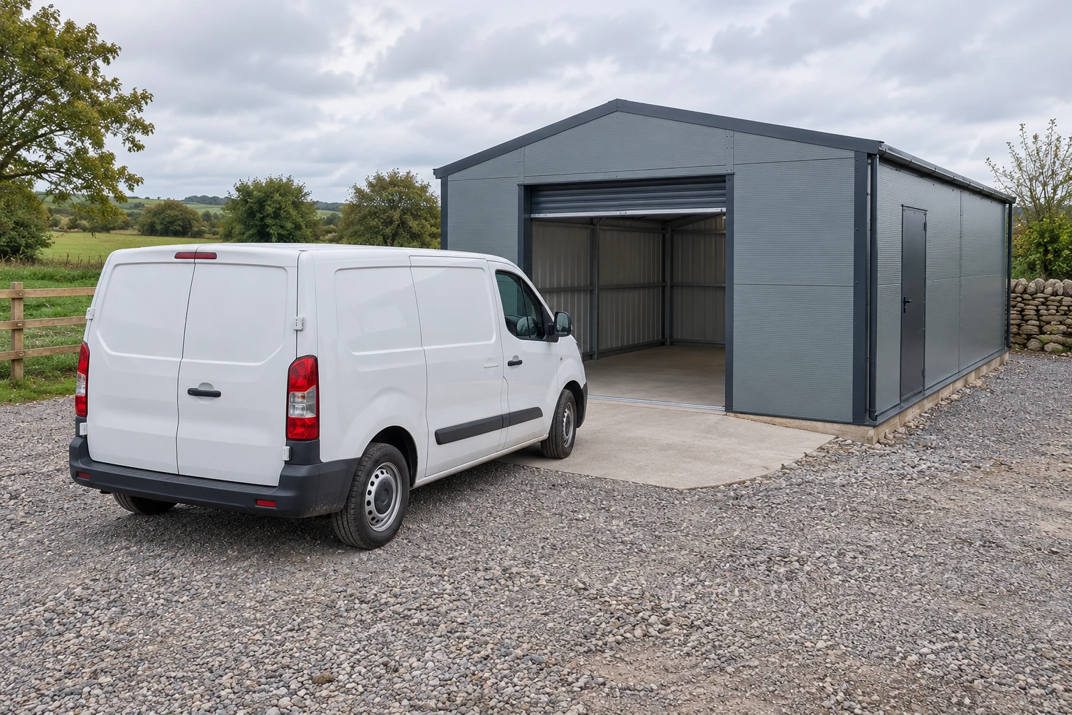 Ein weißer Transporter steht schräg auf dem Vorplatz in Richtung einer offenen Metallgarage