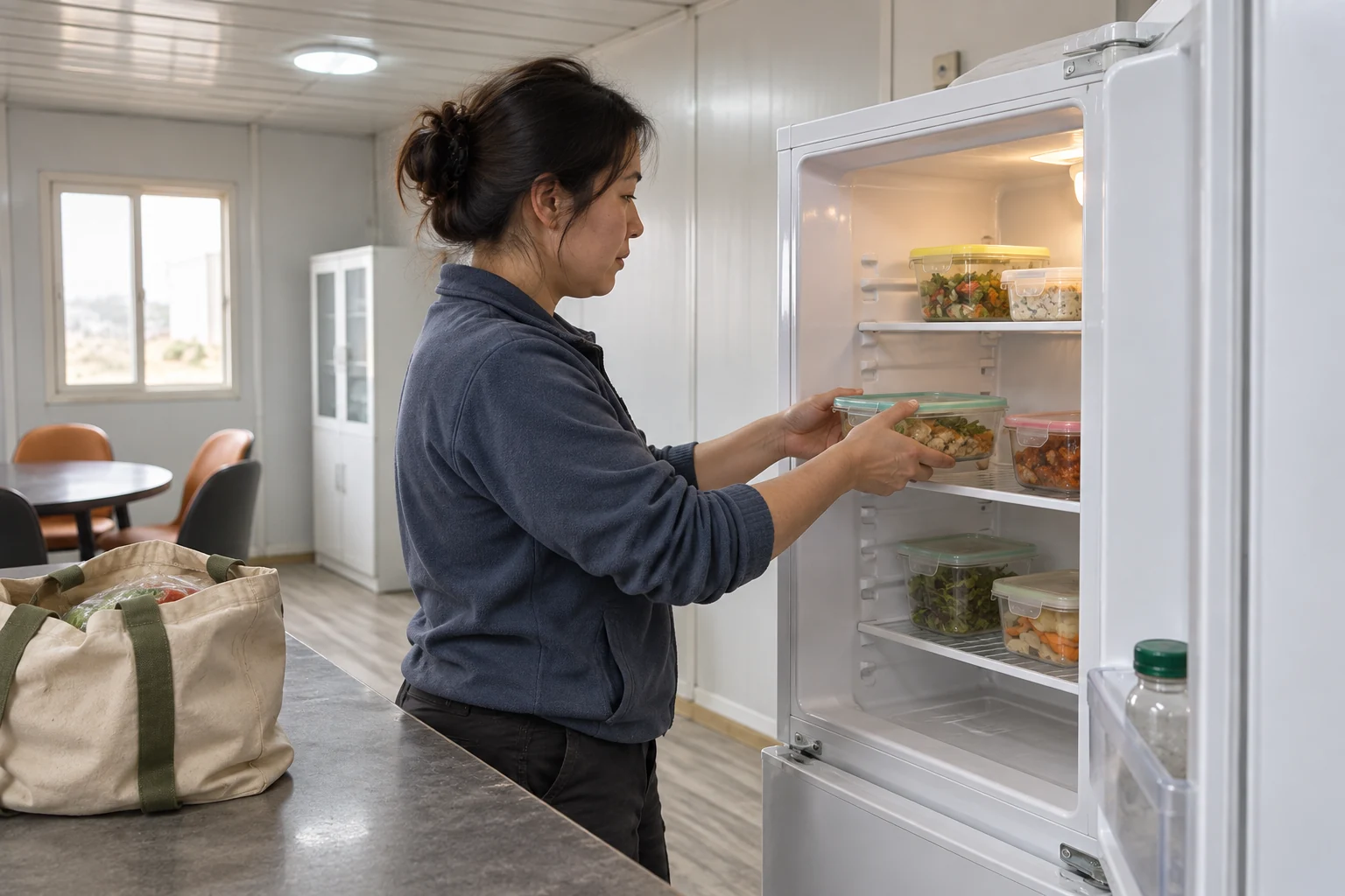 Ilustración de un residente que coloca un recipiente personal cerrado para su comida en un refrigerador compartido
