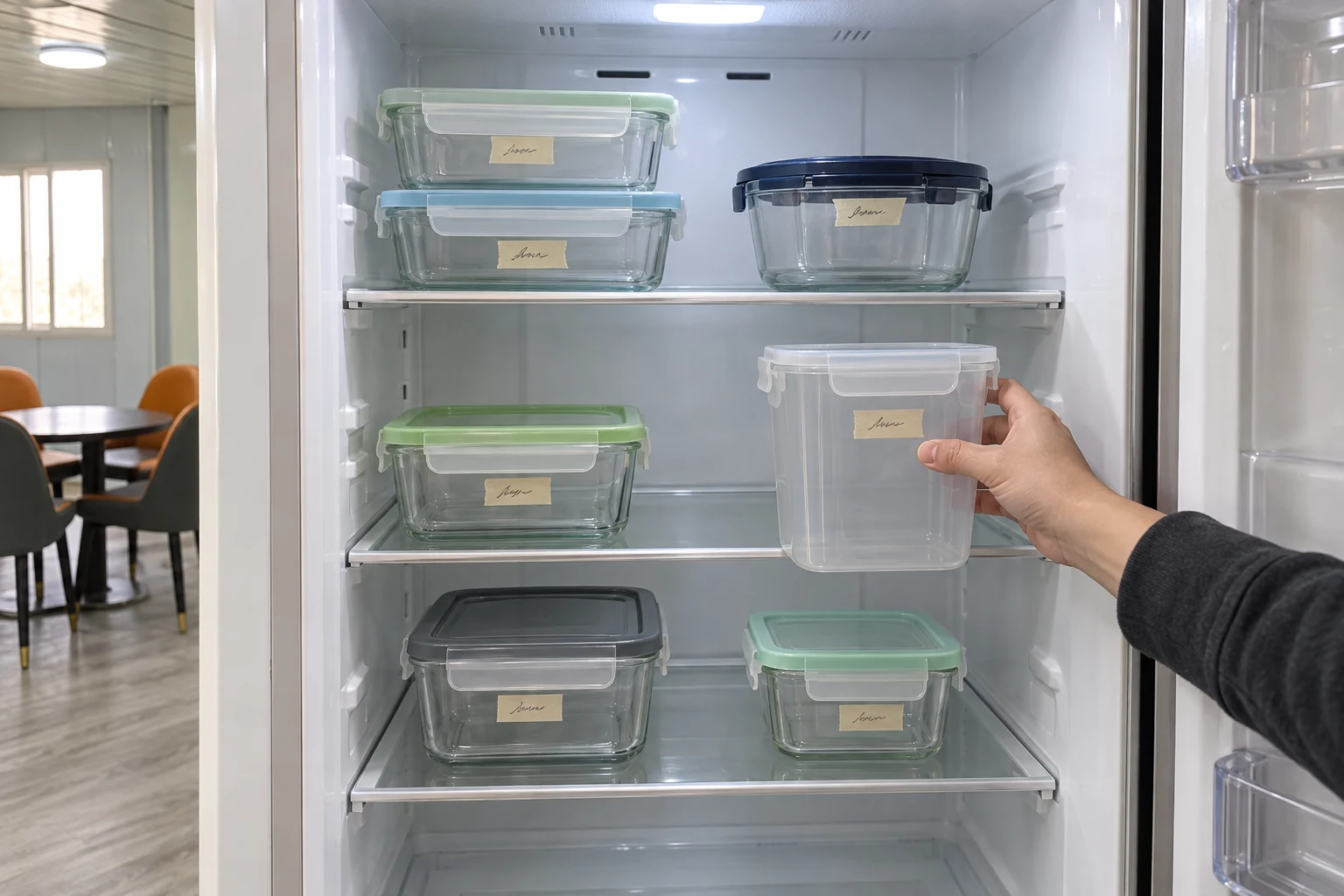 Ilustración de una revisión del encaje de recipientes vacíos en los estantes de un refrigerador compartido