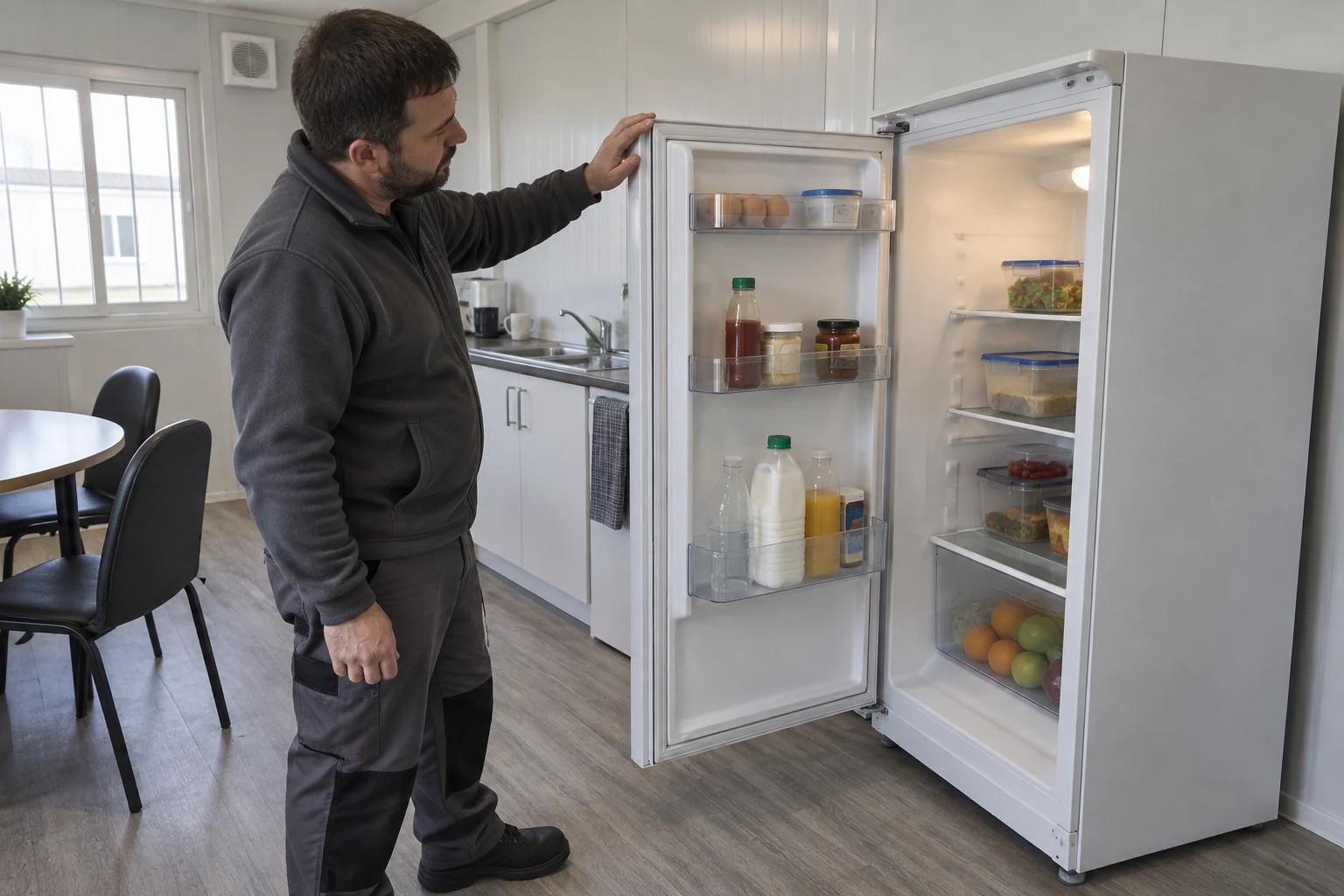 Una persona encargada del mantenimiento observa la junta intacta y la zona de las bisagras del refrigerador, con una mano sobre el borde exterior de la puerta y el paso lateral despejado.