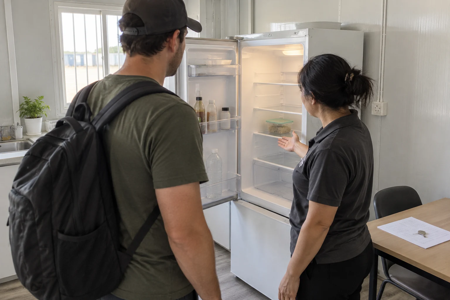 El personal muestra a un nuevo residente un estante del refrigerador casi despejado, con una llave y un registro de entrega sin texto legible sobre otra mesa cercana.